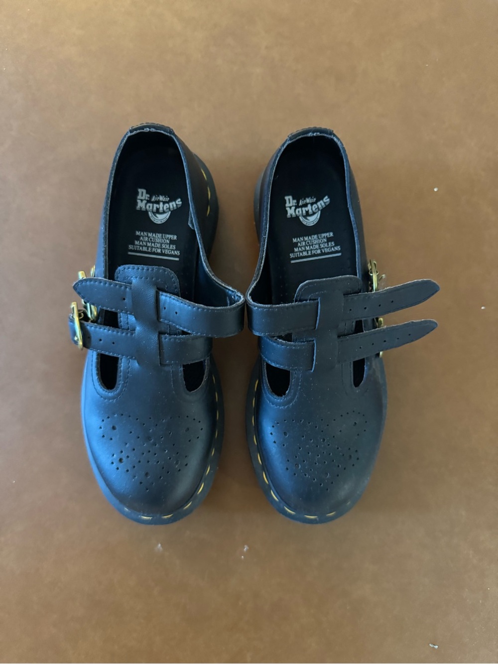 Dr. Martens Black Leather Mary Jane Flats with Yellow Stitching - Picture 3 of 4